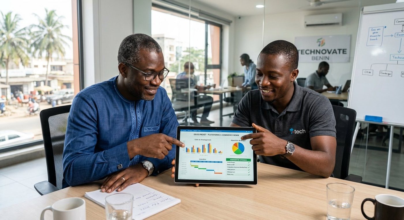 Un entrepreneur béninois et un développeur examinent ensemble un devis détaillé sur une tablette