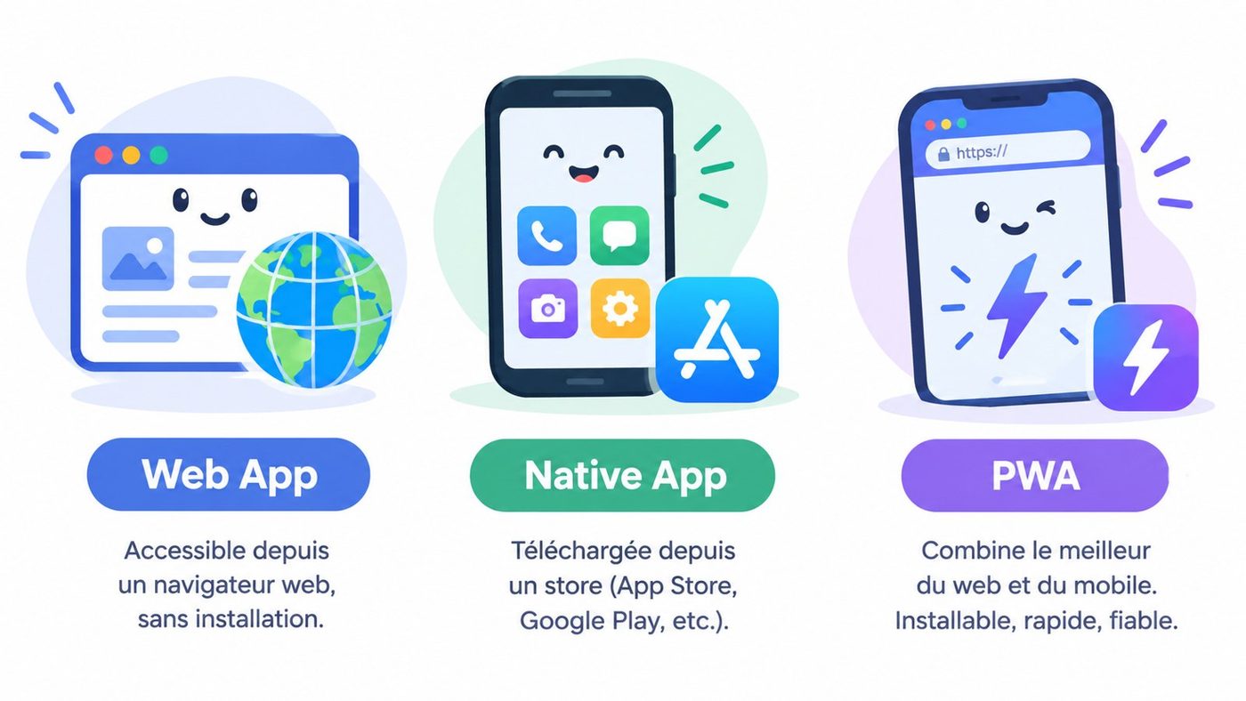 Illustration des trois options : application web accessible depuis un navigateur, application native téléchargée depuis un store, PWA installable et rapide