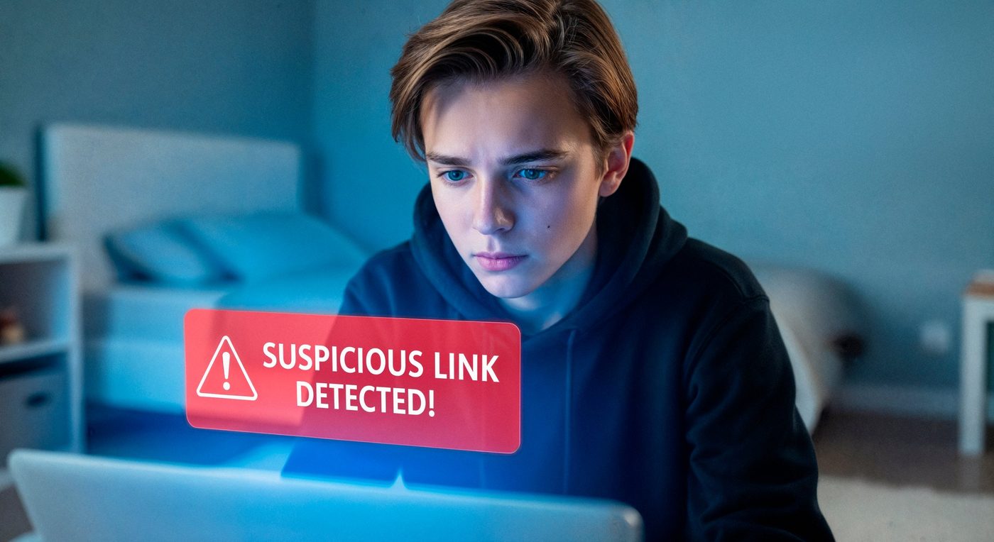 Utilisateur face à une alerte de lien suspect détecté.