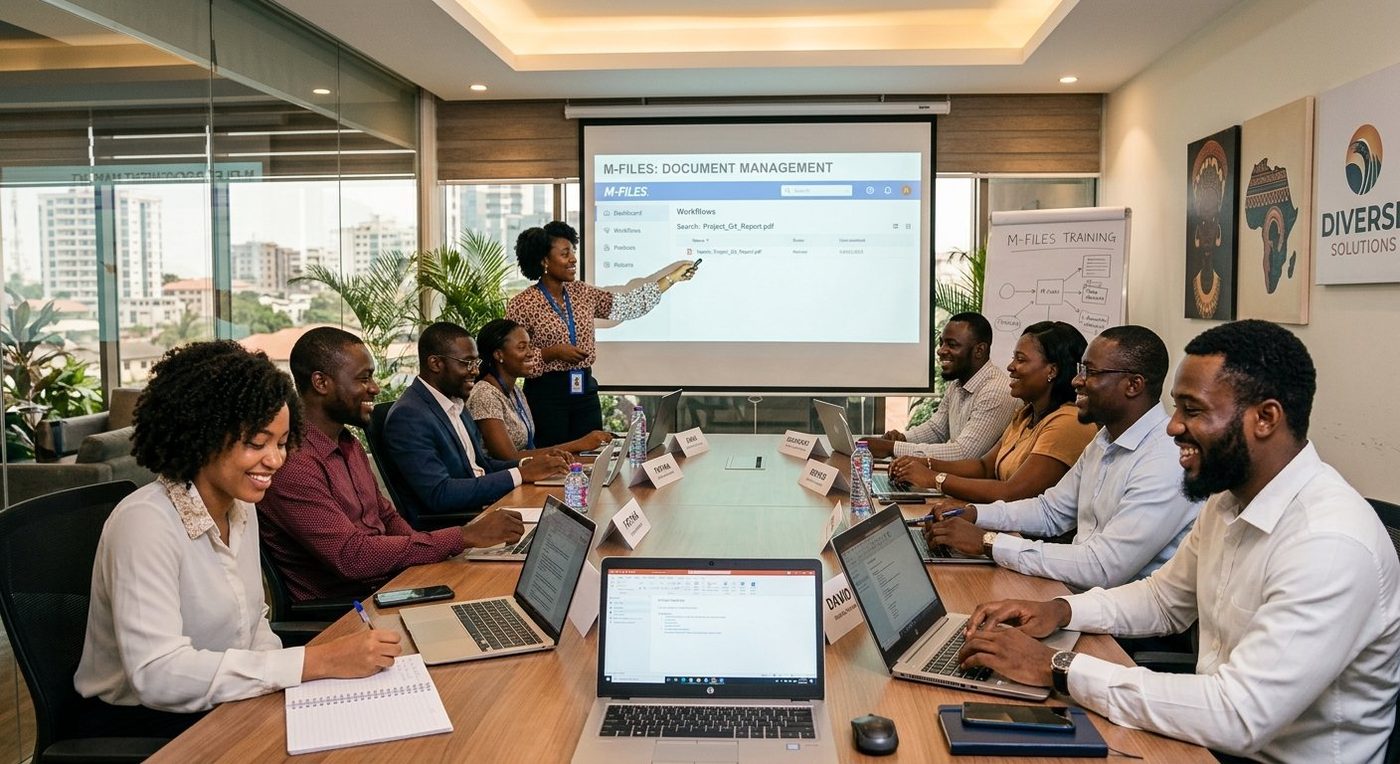 Une équipe de bureau suit une formation à un logiciel de gestion électronique des documents dans une salle de réunion moderne
