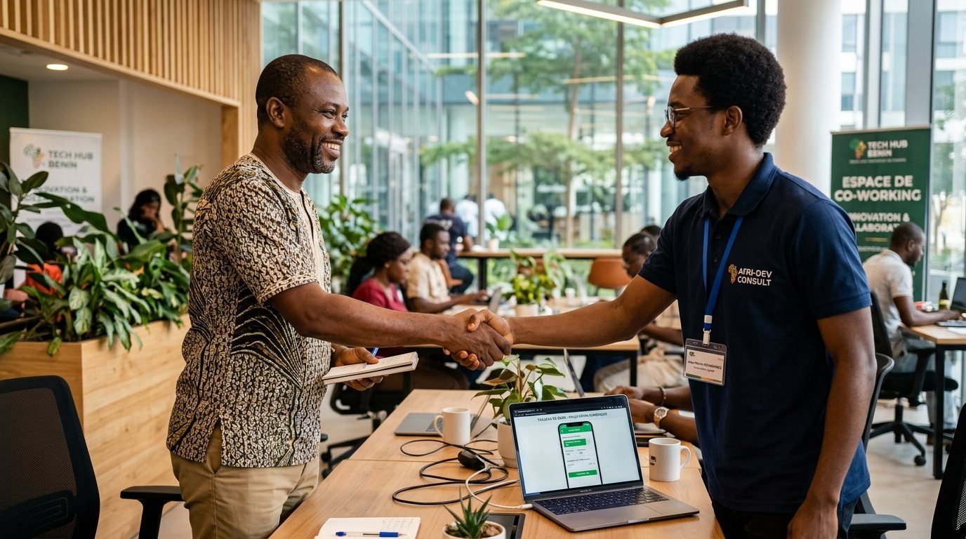 Poignée de main entre un entrepreneur béninois et un consultant logiciel dans un espace de coworking à Cotonou