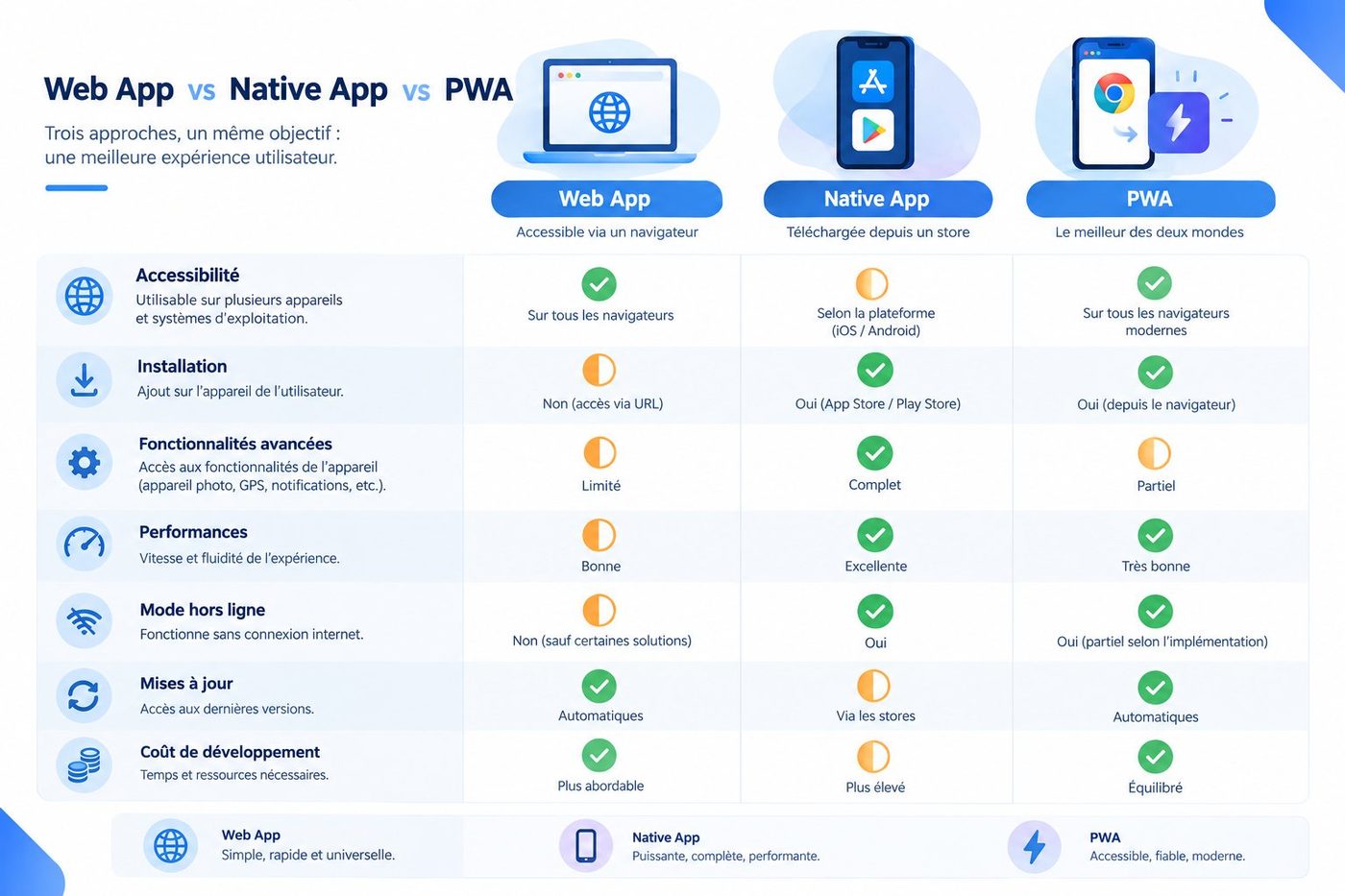 Tableau comparatif entre application web, application native et PWA : accessibilité, installation, fonctionnalités, performances, hors ligne, mises à jour et coût