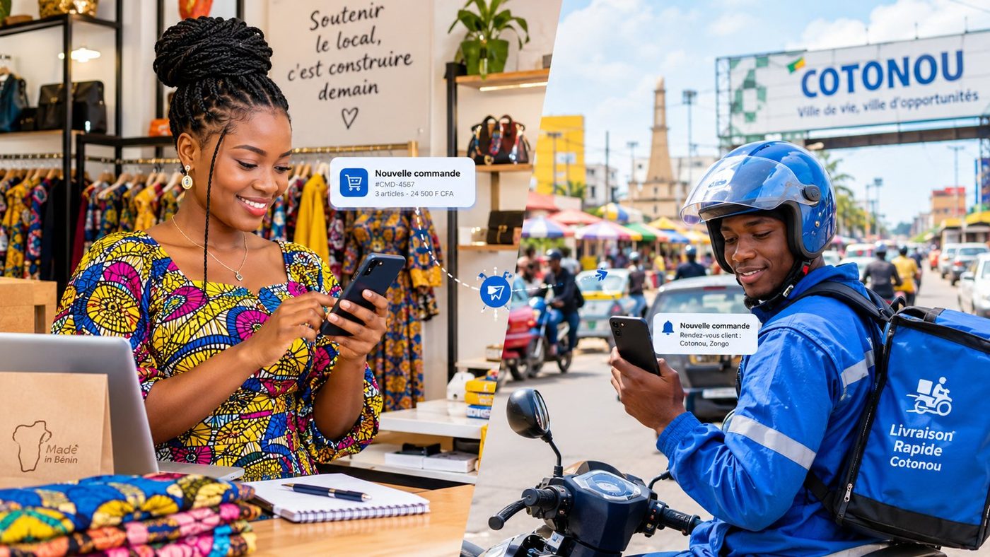 Une commerçante de Cotonou reçoit une commande sur son smartphone pendant qu'un livreur à moto reçoit la notification de livraison