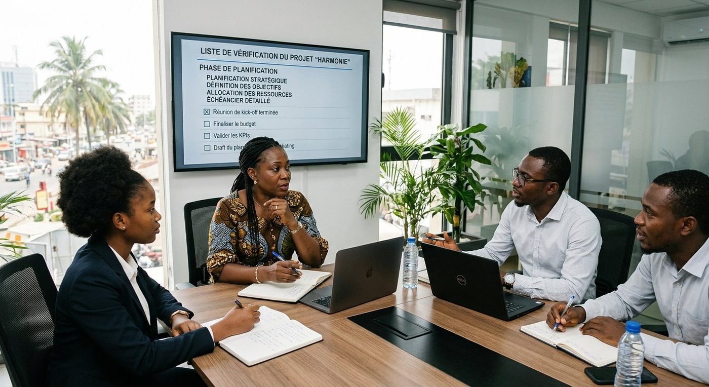 Une responsable béninoise et son équipe passent en revue une liste de vérification projet autour d'une table de réunion