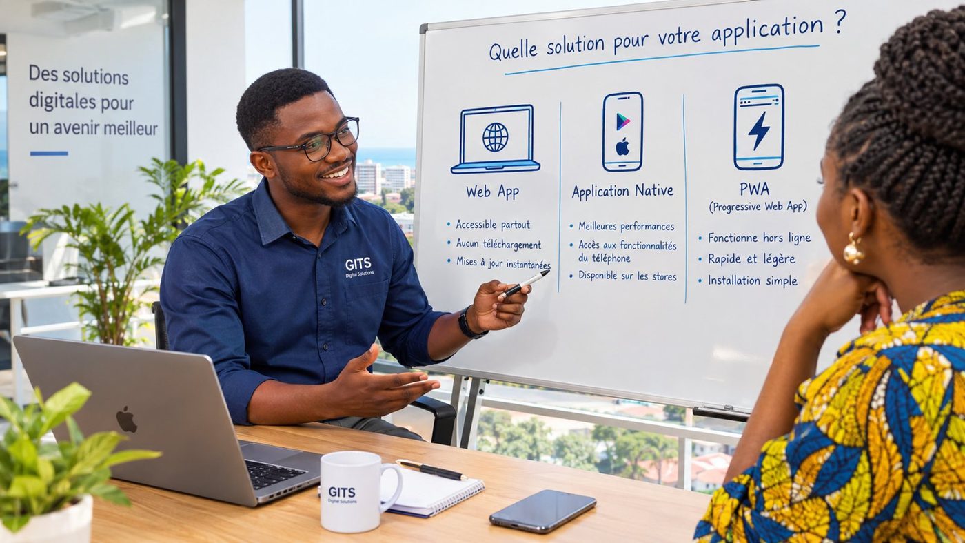 Un consultant de Global IT Service explique à une cliente les différences entre application web, application native et PWA sur un tableau blanc