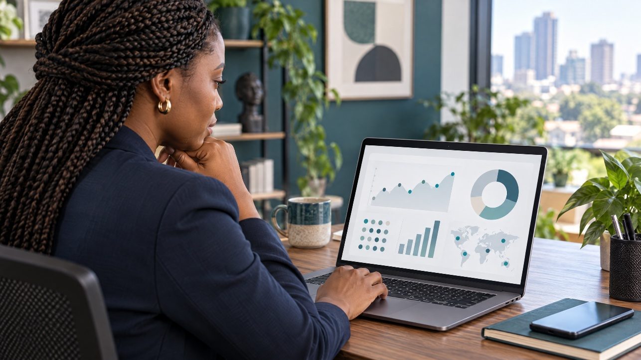 Professionnelle africaine consultant un tableau de bord analytique sans données nominatives.