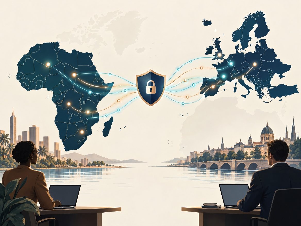 Illustration conceptuelle des flux de données entre l’Afrique et l’Europe, protégés par un bouclier.