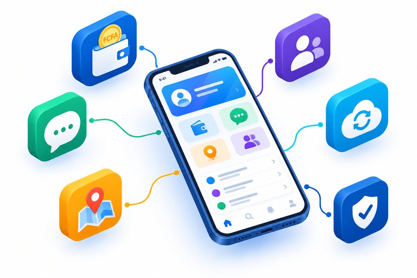 Smartphone entouré des fonctionnalités qui font varier le prix : paiement Mobile Money, messagerie, géolocalisation, comptes utilisateurs, synchronisation et sécurité