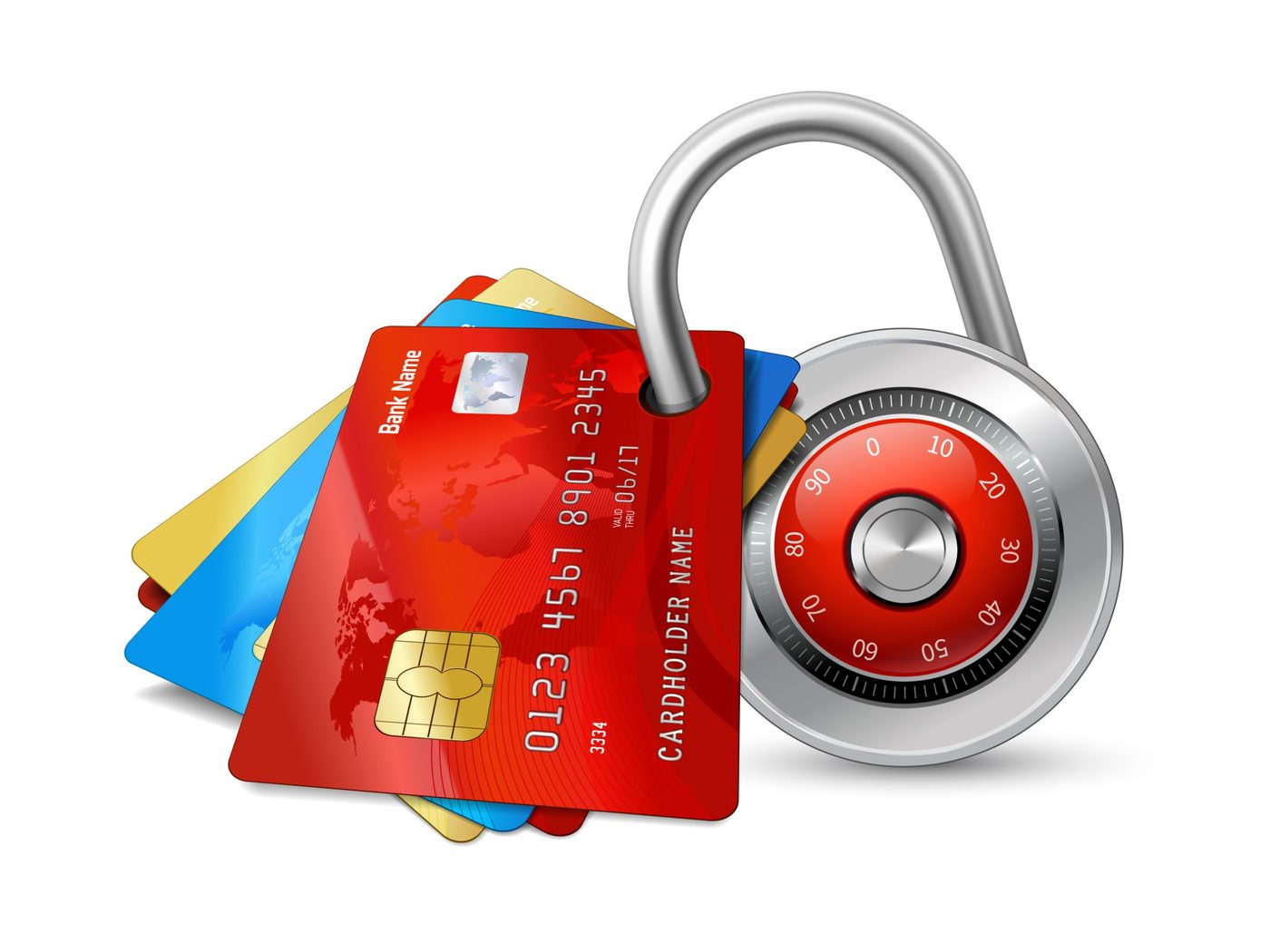 Cartes bancaires sécurisées par un cadenas.
